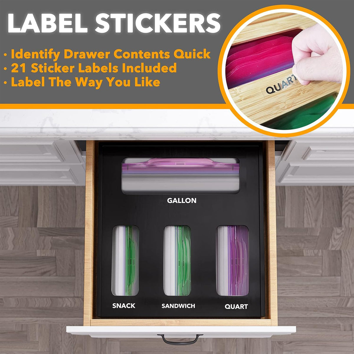Bag Storage Organizer for Kitchen Drawer, Bamboo Organizer, Compatible with Gallon, Quart, Sandwich and Snack Variety Size Bag (1 Box 4 Slots)
