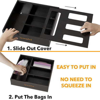 Bag Storage Organizer for Kitchen Drawer, Bamboo Organizer, Compatible with Gallon, Quart, Sandwich and Snack Variety Size Bag (1 Box 4 Slots)