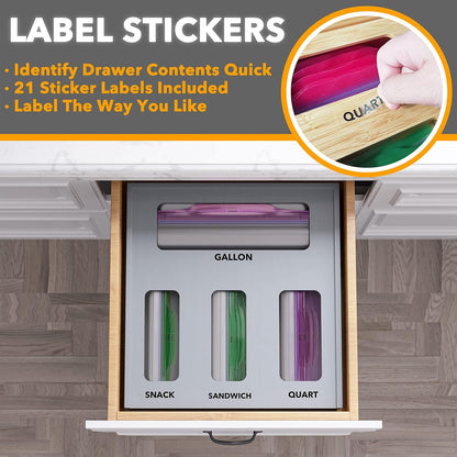 Bag Storage Organizer for Kitchen Drawer, Bamboo Organizer, Compatible with Gallon, Quart, Sandwich and Snack Variety Size Bag (1 Box 4 Slots)