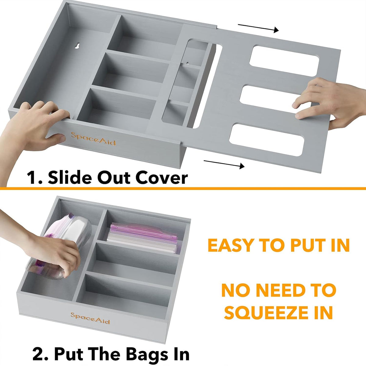 Bag Storage Organizer for Kitchen Drawer, Bamboo Organizer, Compatible with Gallon, Quart, Sandwich and Snack Variety Size Bag (1 Box 4 Slots)