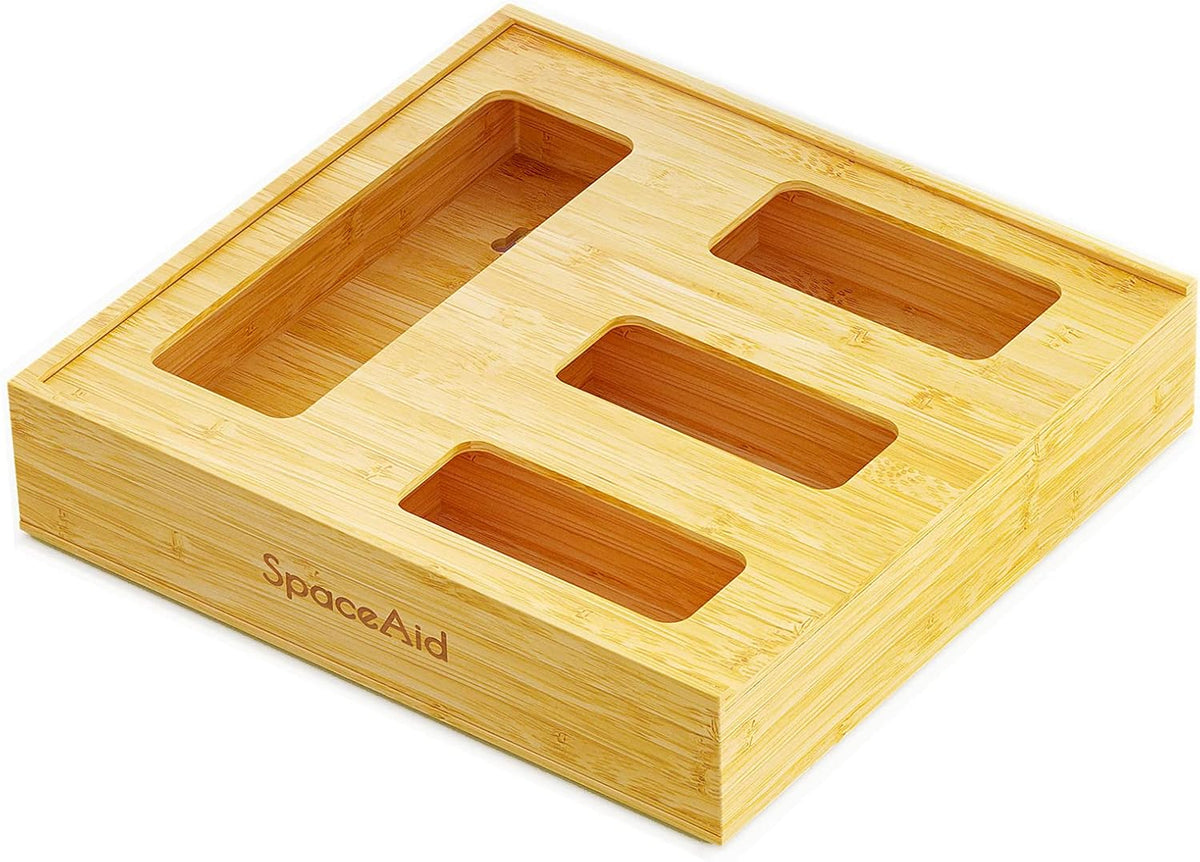 Bag Storage Organizer for Kitchen Drawer, Bamboo Organizer, Compatible with Gallon, Quart, Sandwich and Snack Variety Size Bag (1 Box 4 Slots)