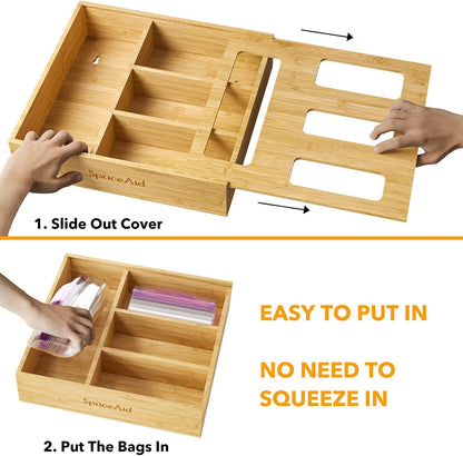 Bag Storage Organizer for Kitchen Drawer, Bamboo Organizer, Compatible with Gallon, Quart, Sandwich and Snack Variety Size Bag (1 Box 4 Slots)