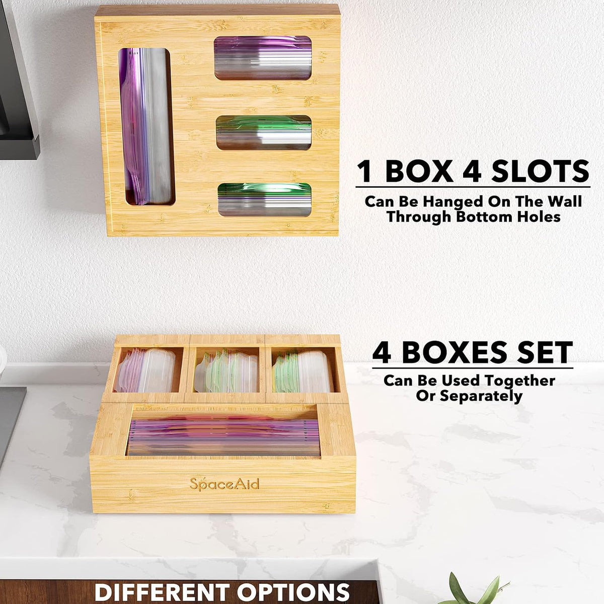 Bag Storage Organizer for Kitchen Drawer, Bamboo Organizer, Compatible with Gallon, Quart, Sandwich and Snack Variety Size Bag (1 Box 4 Slots)