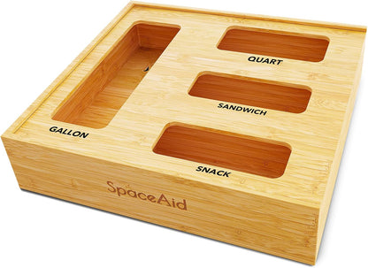 Bag Storage Organizer for Kitchen Drawer, Bamboo Organizer, Compatible with Gallon, Quart, Sandwich and Snack Variety Size Bag (1 Box 4 Slots)