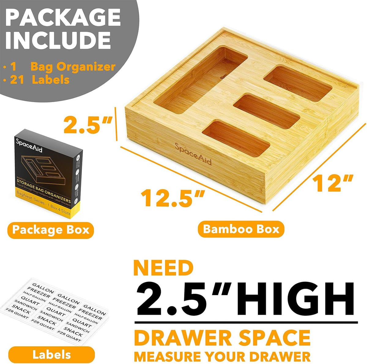 Bag Storage Organizer for Kitchen Drawer, Bamboo Organizer, Compatible with Gallon, Quart, Sandwich and Snack Variety Size Bag (1 Box 4 Slots)