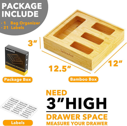 Bag Storage Organizer for Kitchen Drawer, Bamboo Organizer, Compatible with Gallon, Quart, Sandwich and Snack Variety Size Bag (1 Box 4 Slots)