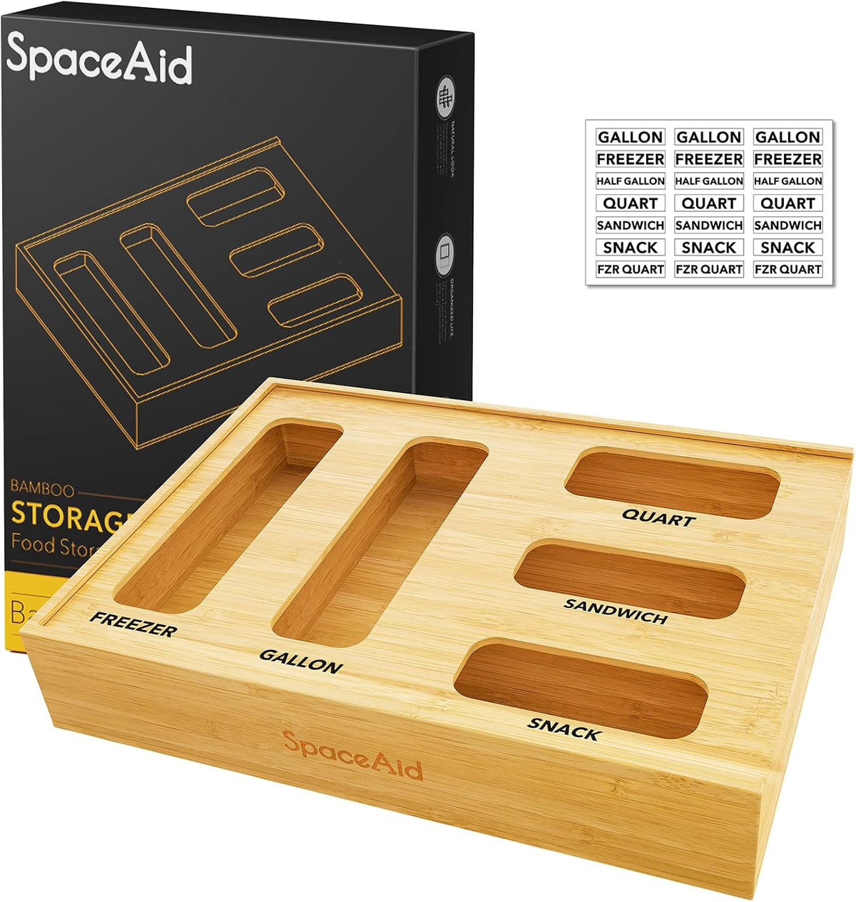 Bag Storage Organizer for Kitchen Drawer, Bamboo Organizer, Compatible with Gallon, Quart, Sandwich and Snack Variety Size Bag (1 Box 4 Slots)
