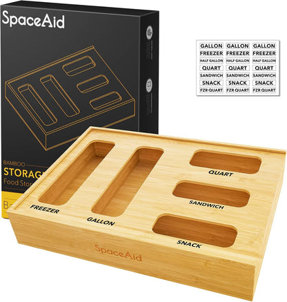 Bag Storage Organizer for Kitchen Drawer, Bamboo Organizer, Compatible with Gallon, Quart, Sandwich and Snack Variety Size Bag (1 Box 4 Slots)