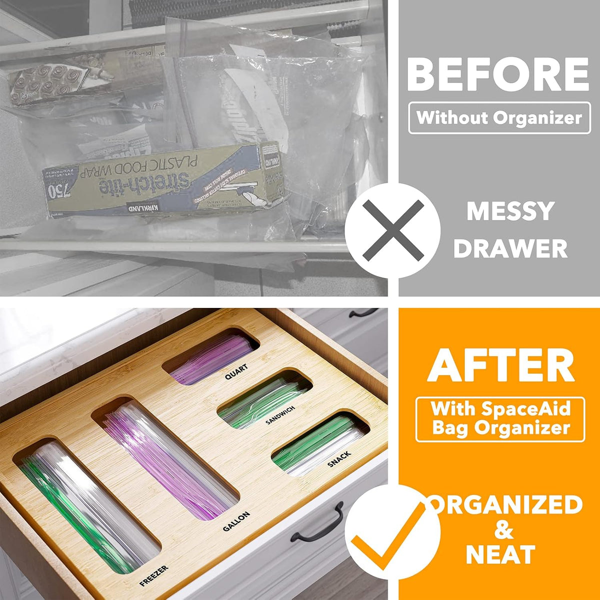 Bag Storage Organizer for Kitchen Drawer, Bamboo Organizer, Compatible with Gallon, Quart, Sandwich and Snack Variety Size Bag (1 Box 4 Slots)