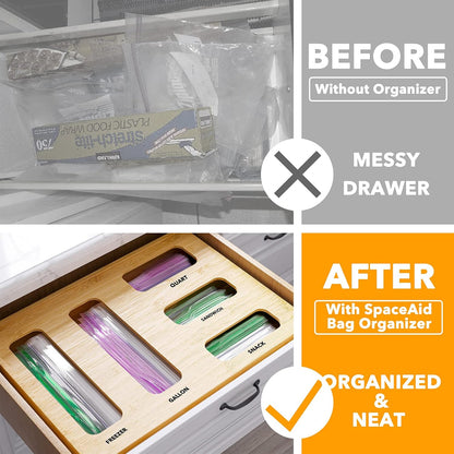 Bag Storage Organizer for Kitchen Drawer, Bamboo Organizer, Compatible with Gallon, Quart, Sandwich and Snack Variety Size Bag (1 Box 4 Slots)