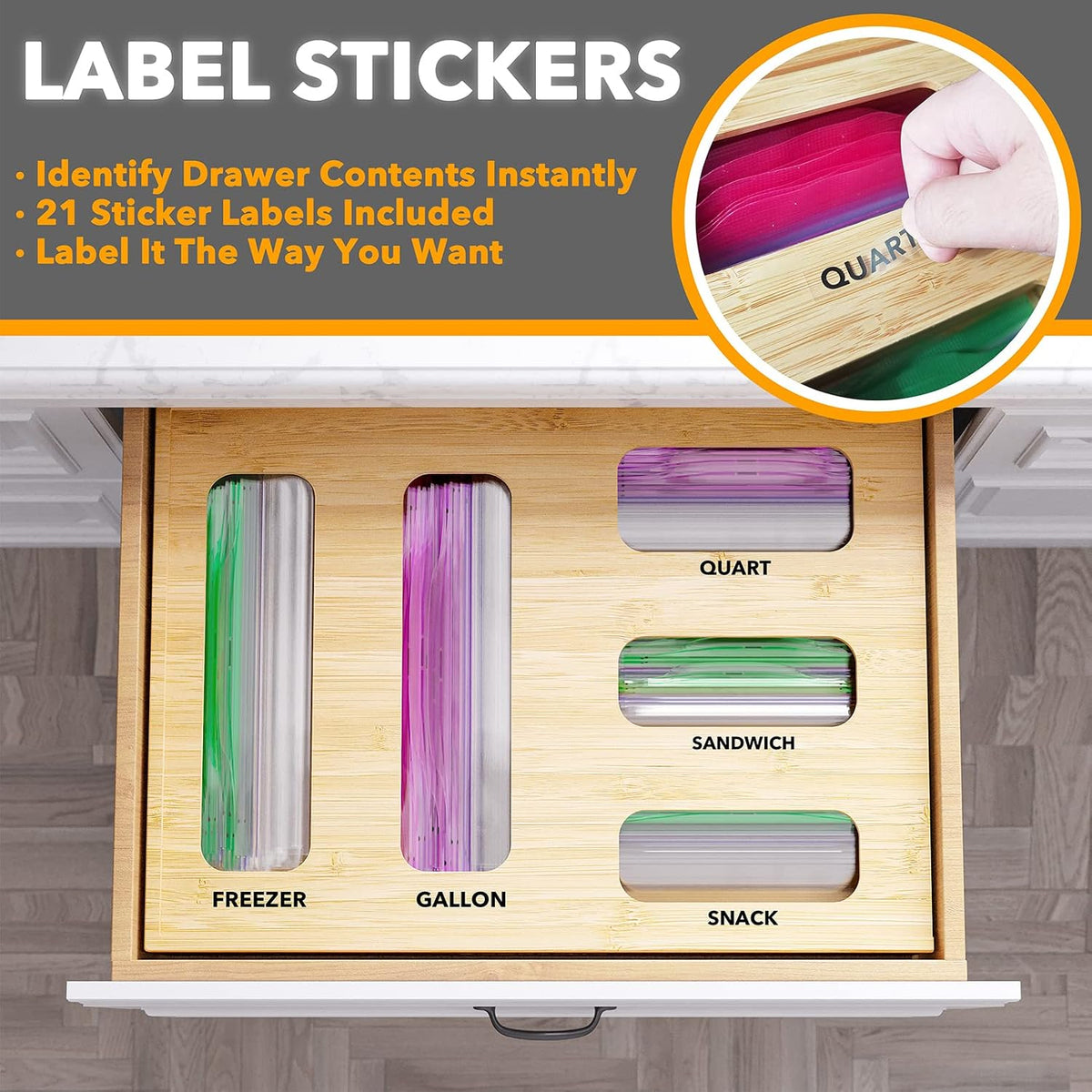 Bag Storage Organizer for Kitchen Drawer, Bamboo Organizer, Compatible with Gallon, Quart, Sandwich and Snack Variety Size Bag (1 Box 4 Slots)