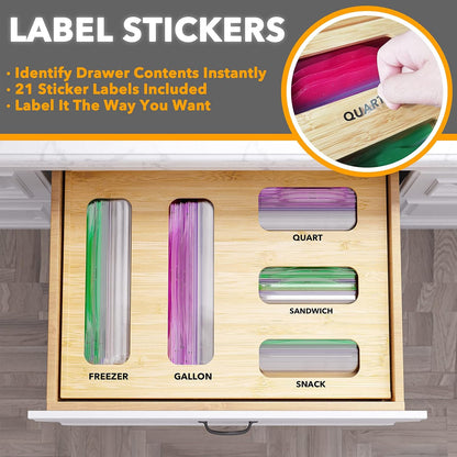 Bag Storage Organizer for Kitchen Drawer, Bamboo Organizer, Compatible with Gallon, Quart, Sandwich and Snack Variety Size Bag (1 Box 4 Slots)
