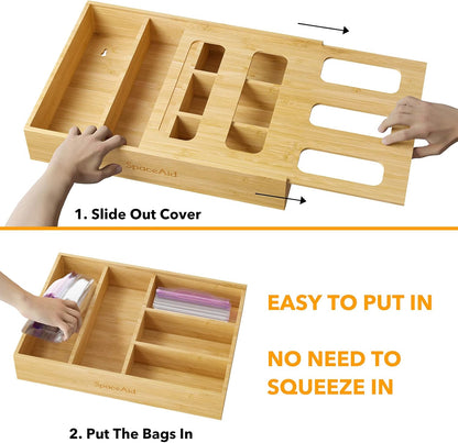 Bag Storage Organizer for Kitchen Drawer, Bamboo Organizer, Compatible with Gallon, Quart, Sandwich and Snack Variety Size Bag (1 Box 4 Slots)
