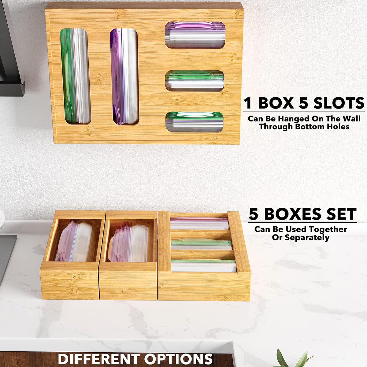 Bag Storage Organizer for Kitchen Drawer, Bamboo Organizer, Compatible with Gallon, Quart, Sandwich and Snack Variety Size Bag (1 Box 4 Slots)