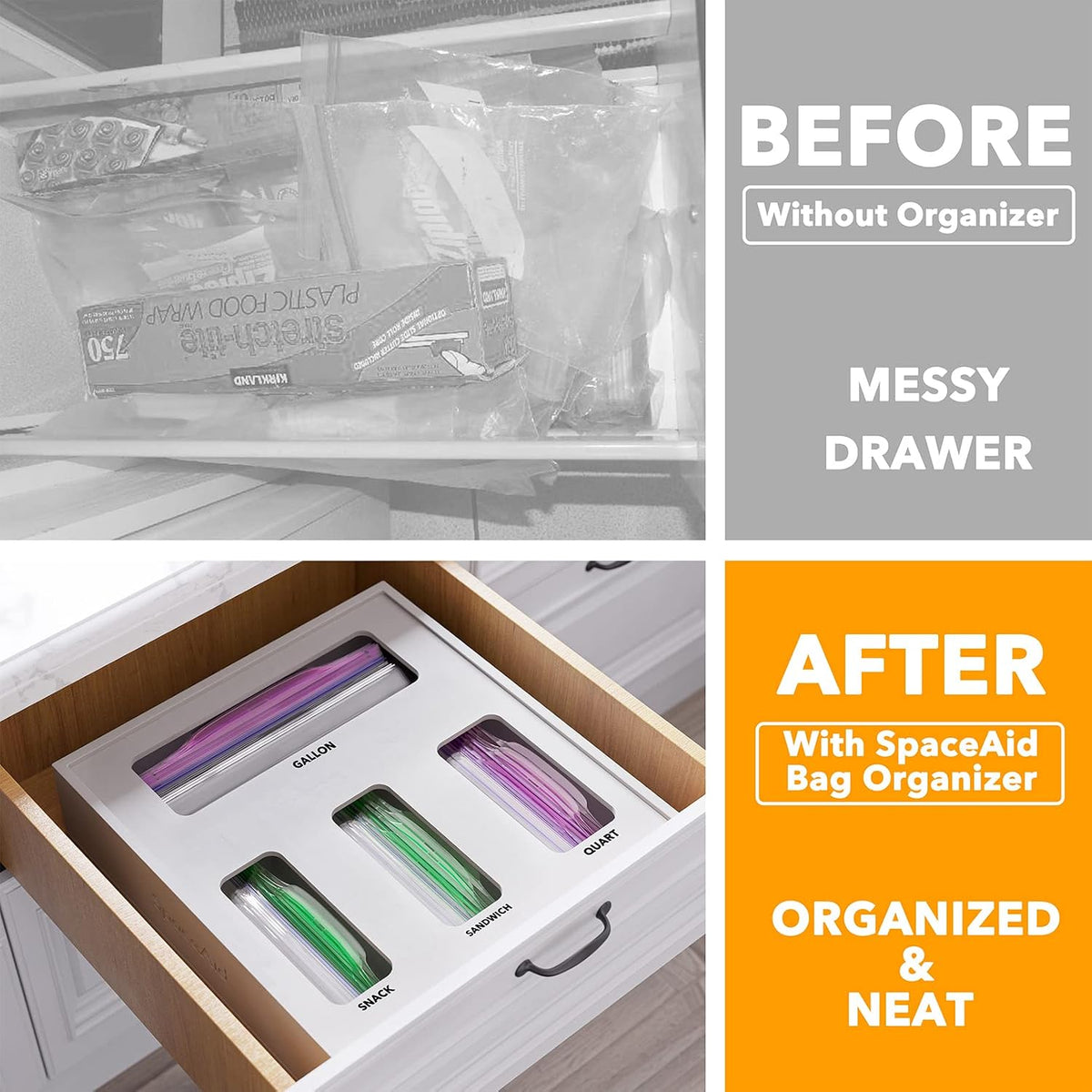 Bag Storage Organizer for Kitchen Drawer, Bamboo Organizer, Compatible with Gallon, Quart, Sandwich and Snack Variety Size Bag (1 Box 4 Slots)