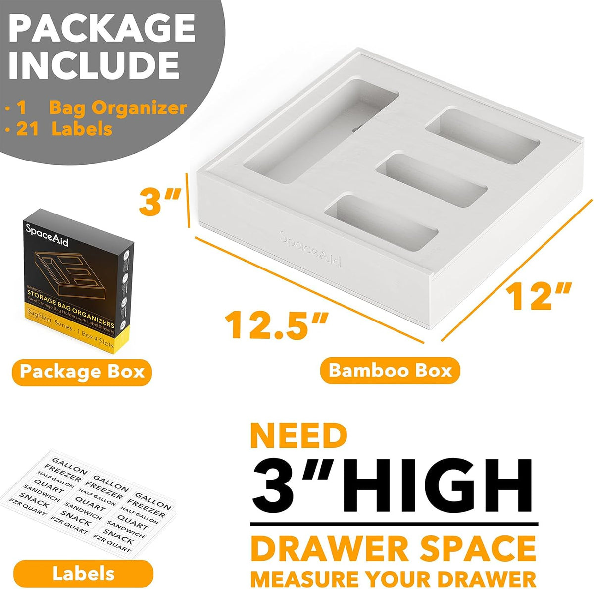 Bag Storage Organizer for Kitchen Drawer, Bamboo Organizer, Compatible with Gallon, Quart, Sandwich and Snack Variety Size Bag (1 Box 4 Slots)