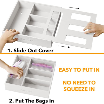 Bag Storage Organizer for Kitchen Drawer, Bamboo Organizer, Compatible with Gallon, Quart, Sandwich and Snack Variety Size Bag (1 Box 4 Slots)