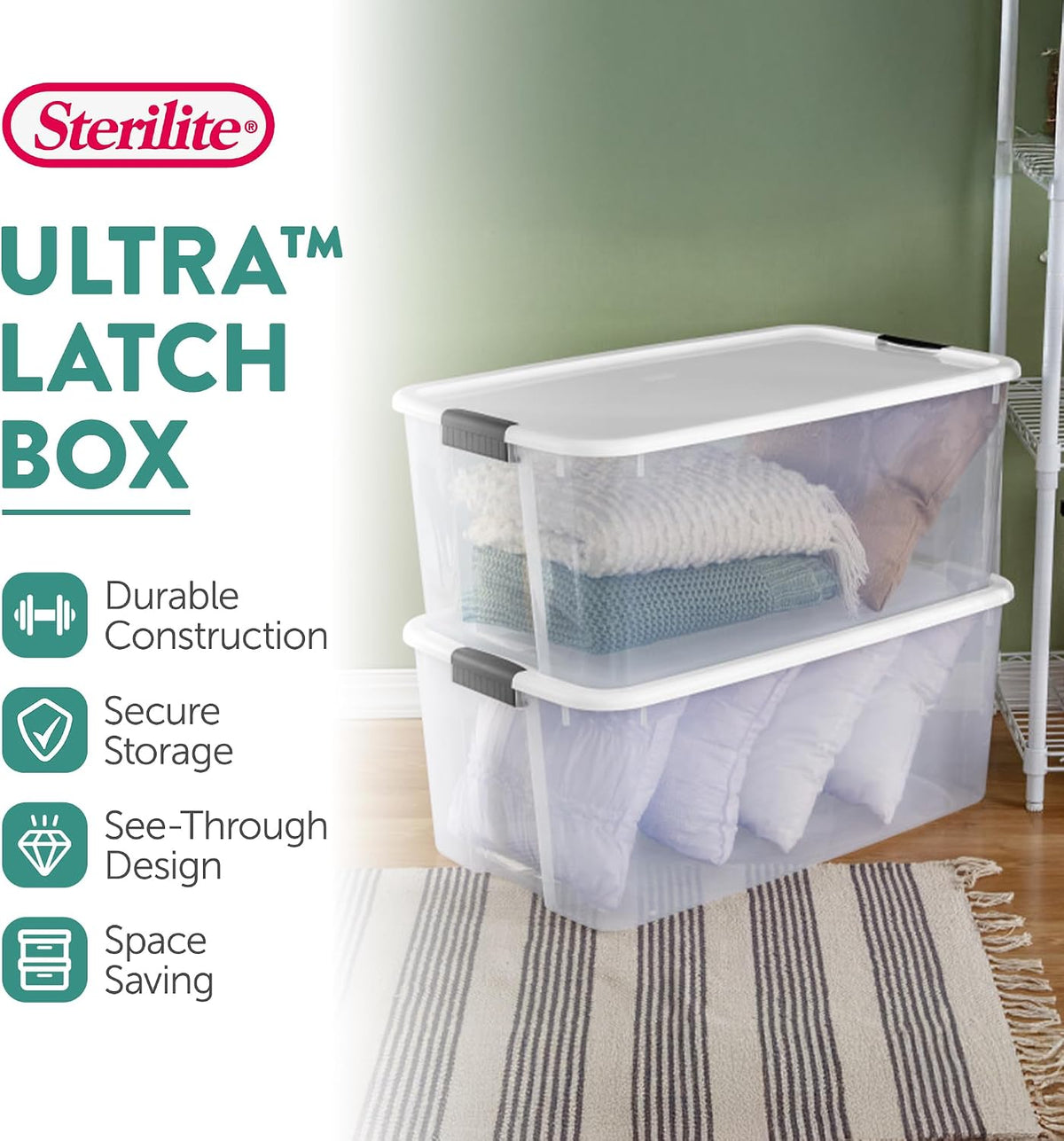 Ultra Latch Box with Lids for Home and Office, 18 Quart, 6-Pack | Heavy-Duty and Stackable Plastic Containers with Latches for Closet, Cabinet, Bedroom, Bathroom and Dorm Room Organization