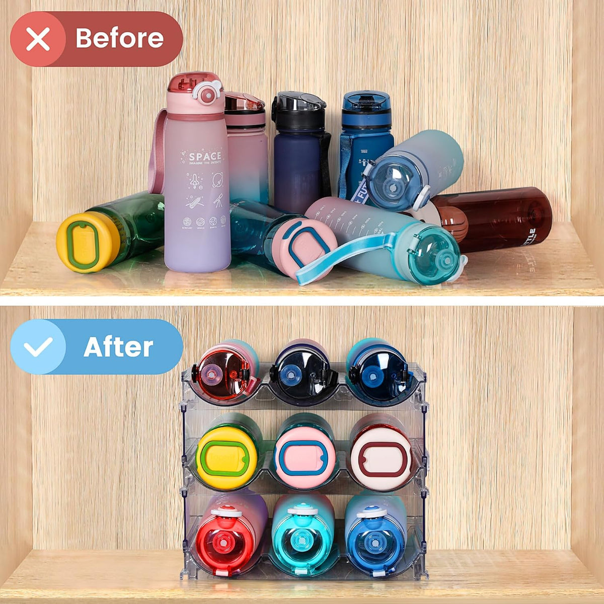 Water Bottle Organizer for Cabinet, Water Bottle Storage Organizer, Water Bottle Storage Rack, Water Bottle Holder for Cabinet, Stackable Water Bottle Storage Rack