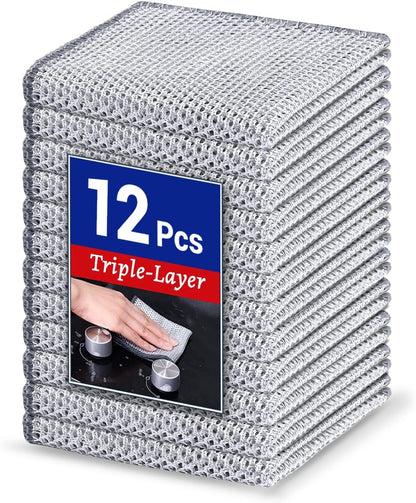 12PK 3-Layer Non-Scratch Wire Dishcloths, 7.87 x 7.87 in