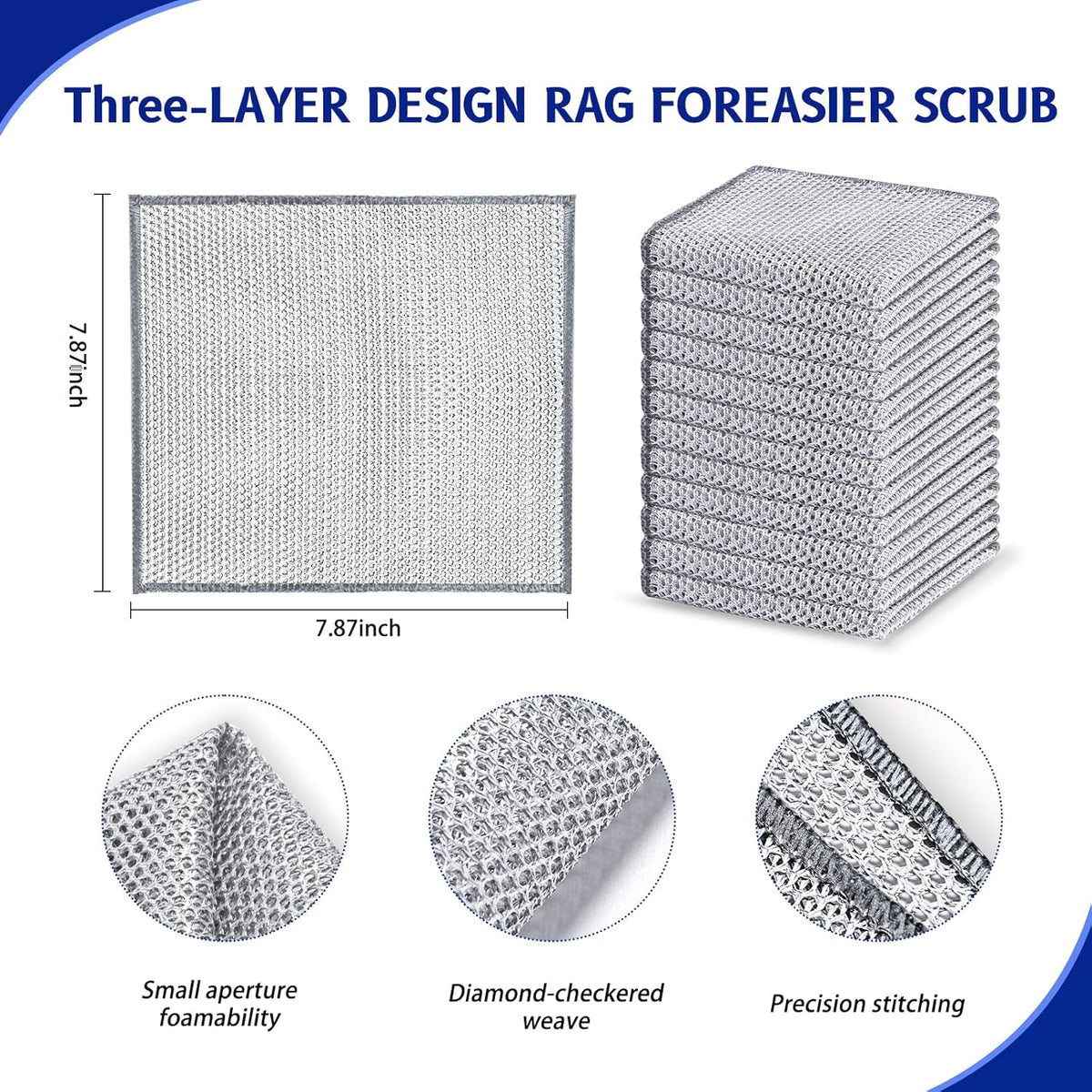 12PK 3-Layer Non-Scratch Wire Dishcloths, 7.87 x 7.87 in