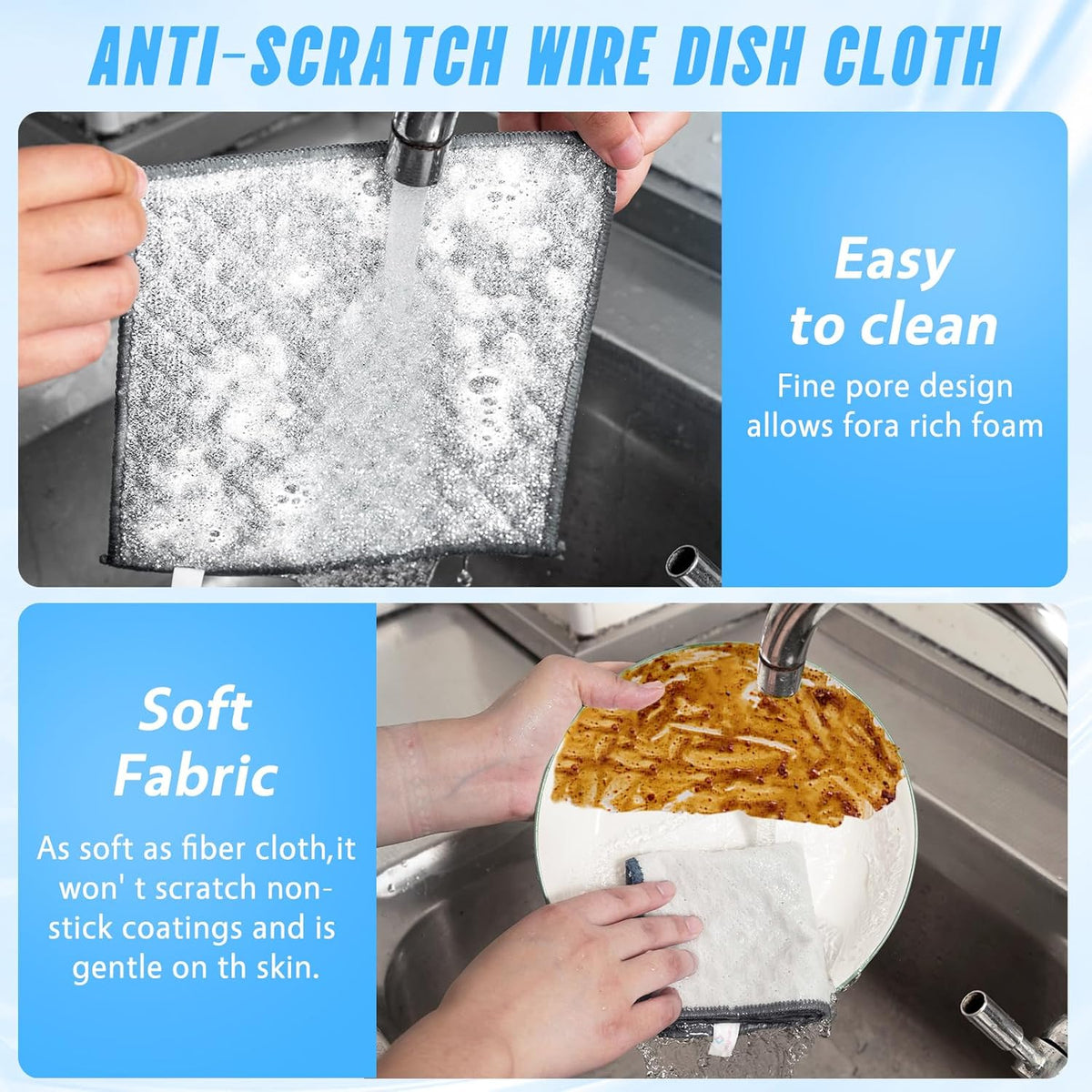 12PK 3-Layer Non-Scratch Wire Dishcloths, 7.87 x 7.87 in