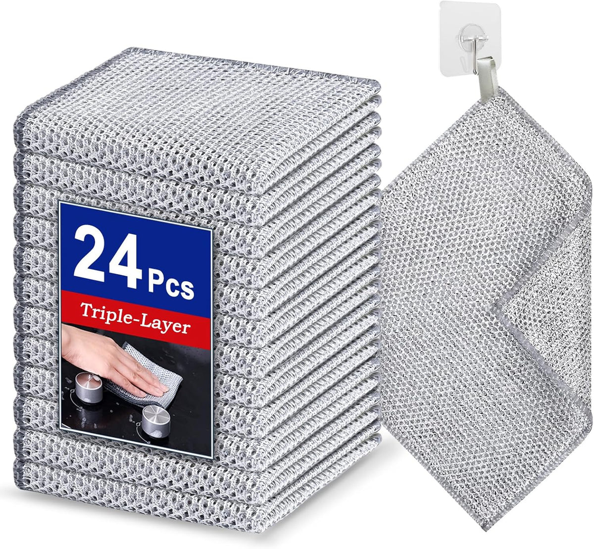 12PK 3-Layer Non-Scratch Wire Dishcloths, 7.87 x 7.87 in