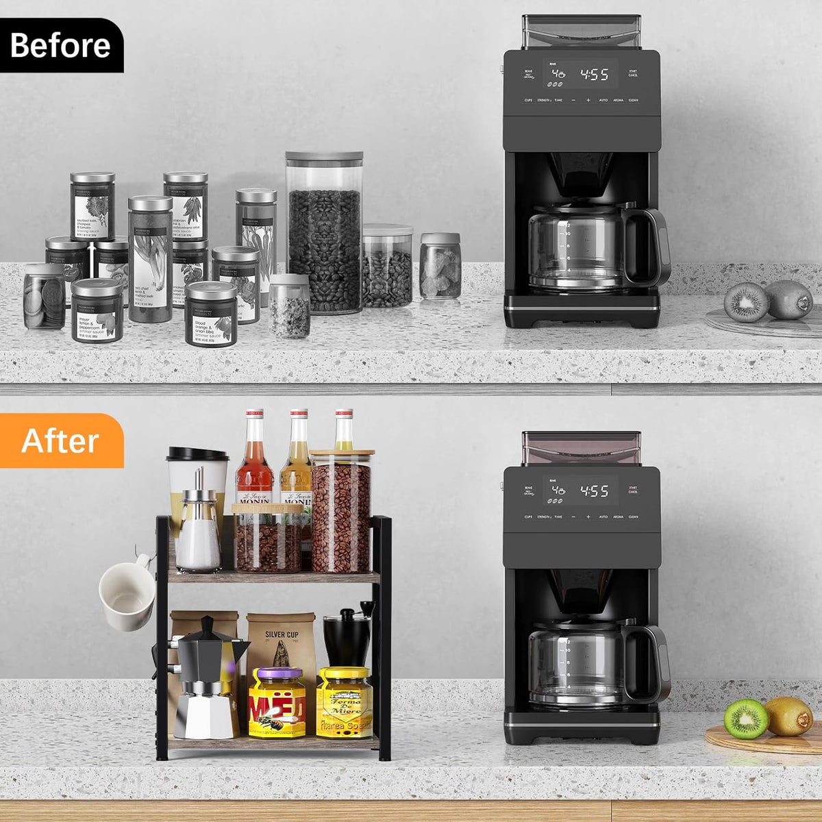 2 Tier Kitchen Counter Shelf Organizer, Coffee Bar Station Organizer for Countertop，Space Saving Spice Rack, Desk Shelf Riser, Coffee Bar Accessories(Rustic Brown, Medium)
