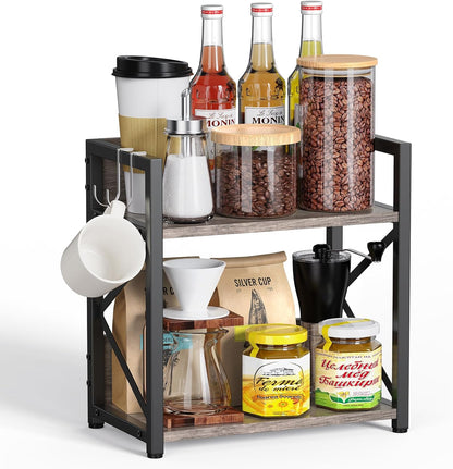 2 Tier Kitchen Counter Shelf Organizer, Coffee Bar Station Organizer for Countertop，Space Saving Spice Rack, Desk Shelf Riser, Coffee Bar Accessories(Rustic Brown, Medium)