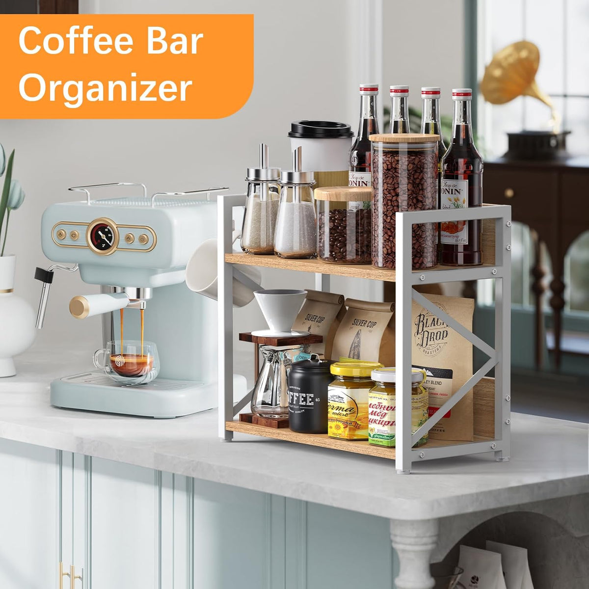 2 Tier Kitchen Counter Shelf Organizer, Coffee Bar Station Organizer for Countertop，Space Saving Spice Rack, Desk Shelf Riser, Coffee Bar Accessories(Rustic Brown, Medium)