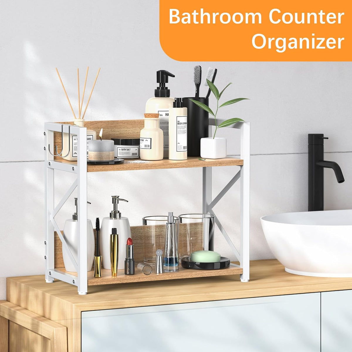 2 Tier Kitchen Counter Shelf Organizer, Coffee Bar Station Organizer for Countertop，Space Saving Spice Rack, Desk Shelf Riser, Coffee Bar Accessories(Rustic Brown, Medium)
