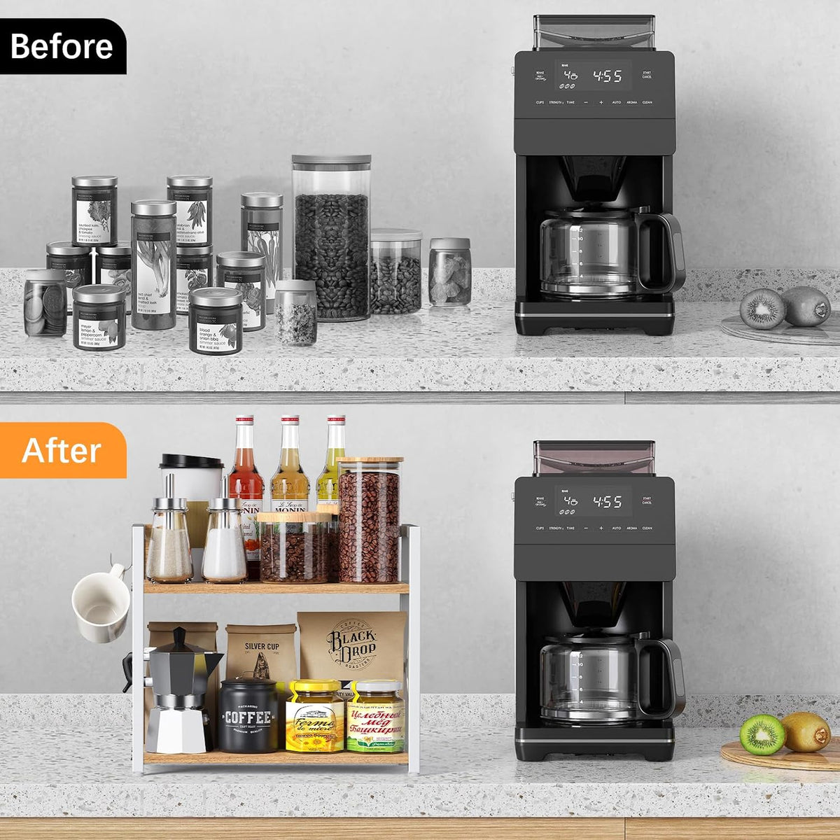 2 Tier Kitchen Counter Shelf Organizer, Coffee Bar Station Organizer for Countertop，Space Saving Spice Rack, Desk Shelf Riser, Coffee Bar Accessories(Rustic Brown, Medium)