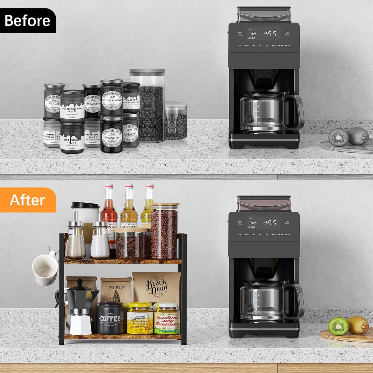 2 Tier Kitchen Counter Shelf Organizer, Coffee Bar Station Organizer for Countertop，Space Saving Spice Rack, Desk Shelf Riser, Coffee Bar Accessories(Rustic Brown, Medium)