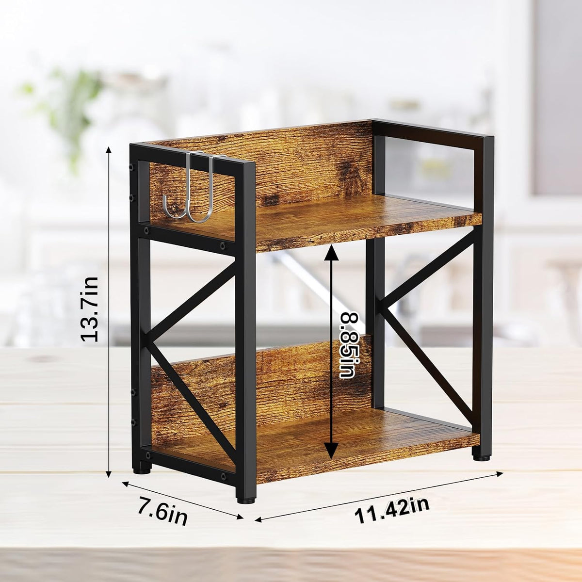 2 Tier Kitchen Counter Shelf Organizer, Coffee Bar Station Organizer for Countertop，Space Saving Spice Rack, Desk Shelf Riser, Coffee Bar Accessories(Rustic Brown, Medium)