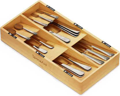 Bamboo Silverware Drawer Organizer with Labels, Kitchen Utensil Tray Holder Organizer for Flatware, Cutlery, Spoon and Knives Drawer Storage Organization (Natural, 6 Slots)