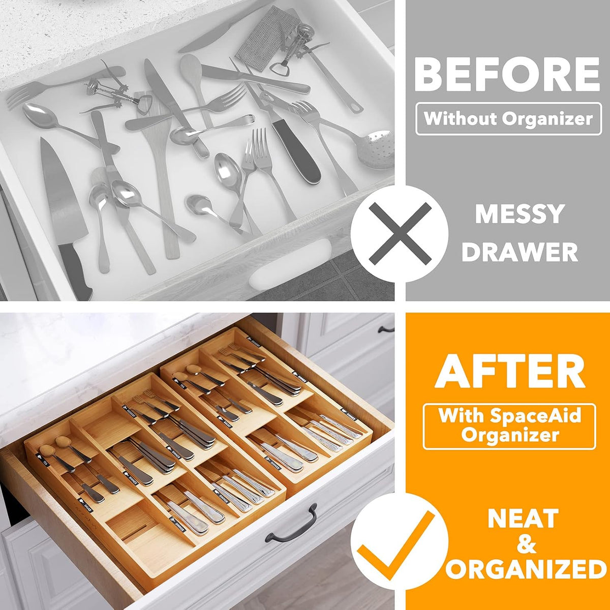 Bamboo Silverware Drawer Organizer with Labels, Kitchen Utensil Tray Holder Organizer for Flatware, Cutlery, Spoon and Knives Drawer Storage Organization (Natural, 6 Slots)
