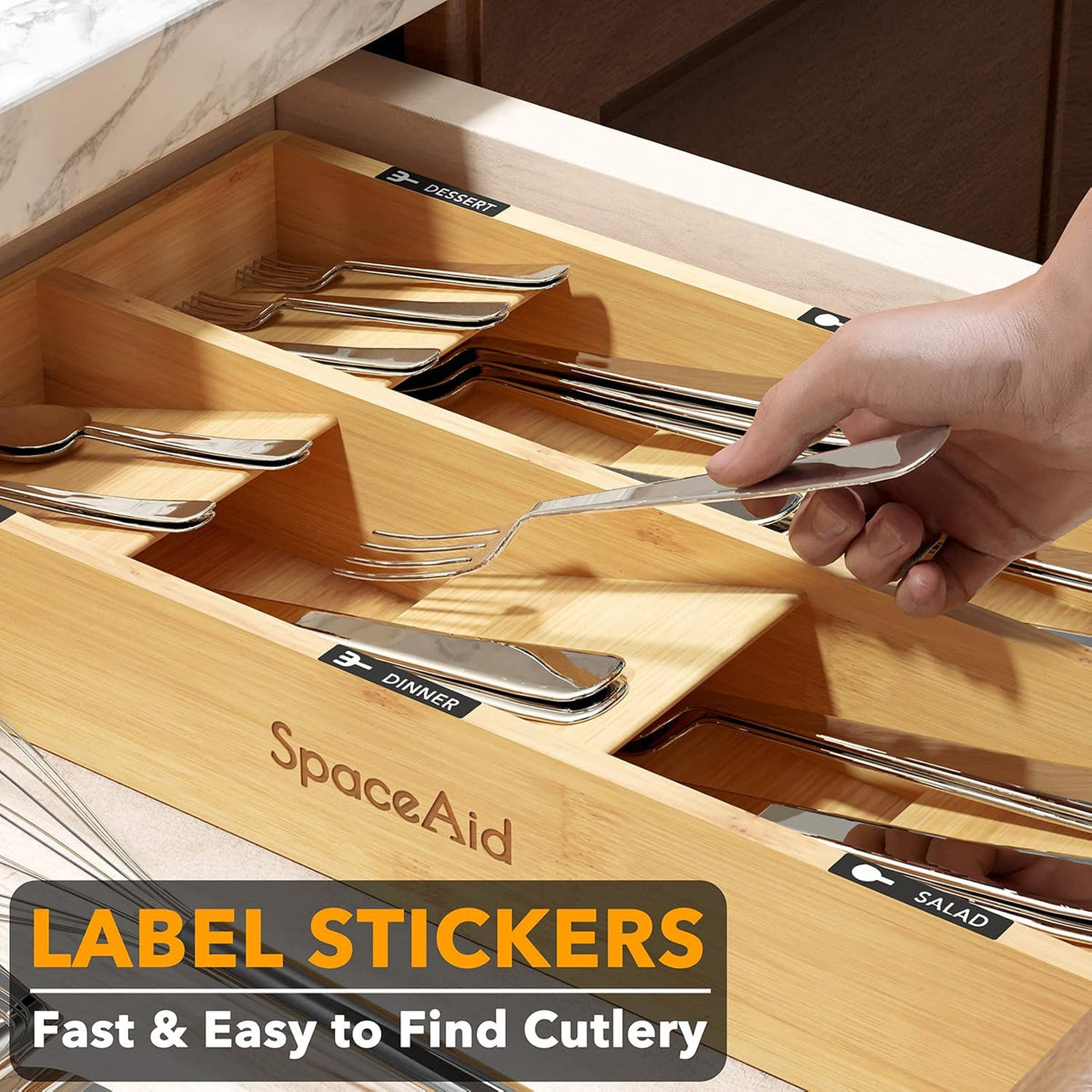 Bamboo Silverware Drawer Organizer with Labels, Kitchen Utensil Tray Holder Organizer for Flatware, Cutlery, Spoon and Knives Drawer Storage Organization (Natural, 6 Slots)