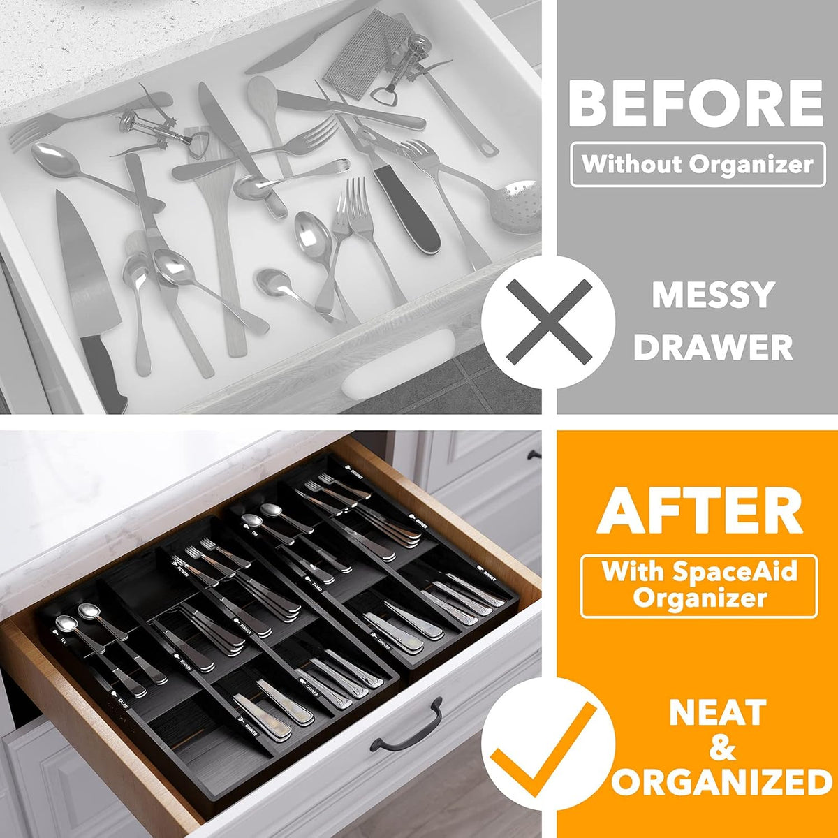 Bamboo Silverware Drawer Organizer with Labels, Kitchen Utensil Tray Holder Organizer for Flatware, Cutlery, Spoon and Knives Drawer Storage Organization (Natural, 6 Slots)