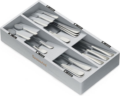 Bamboo Silverware Drawer Organizer with Labels, Kitchen Utensil Tray Holder Organizer for Flatware, Cutlery, Spoon and Knives Drawer Storage Organization (Natural, 6 Slots)