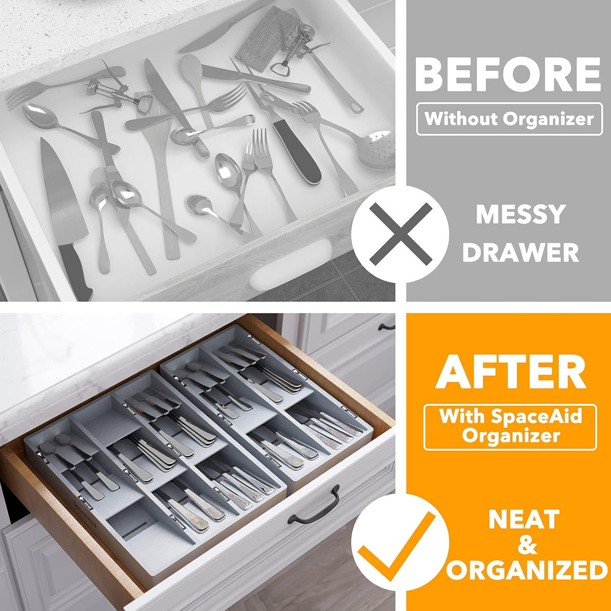 Bamboo Silverware Drawer Organizer with Labels, Kitchen Utensil Tray Holder Organizer for Flatware, Cutlery, Spoon and Knives Drawer Storage Organization (Natural, 6 Slots)