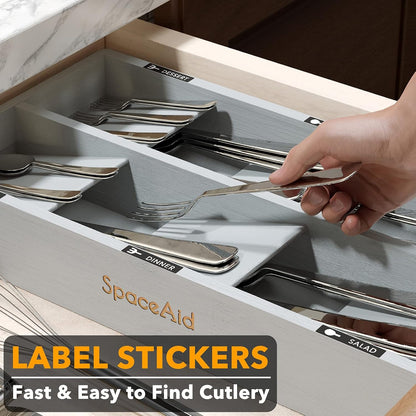 Bamboo Silverware Drawer Organizer with Labels, Kitchen Utensil Tray Holder Organizer for Flatware, Cutlery, Spoon and Knives Drawer Storage Organization (Natural, 6 Slots)