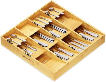 Bamboo Silverware Drawer Organizer with Labels, Kitchen Utensil Tray Holder Organizer for Flatware, Cutlery, Spoon and Knives Drawer Storage Organization (Natural, 6 Slots)
