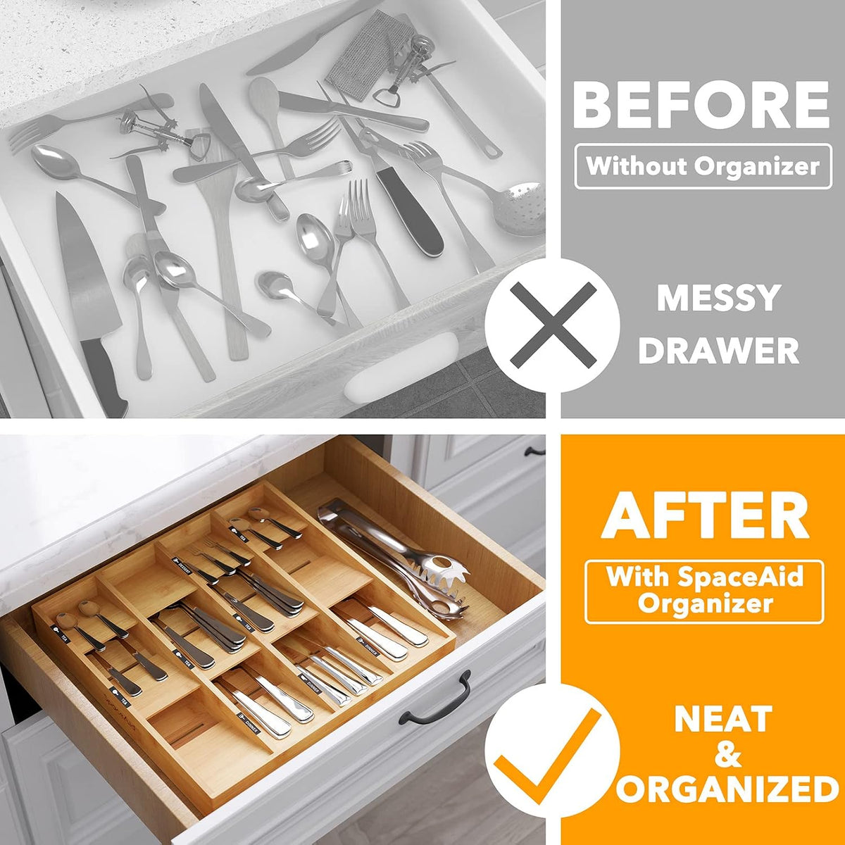 Bamboo Silverware Drawer Organizer with Labels, Kitchen Utensil Tray Holder Organizer for Flatware, Cutlery, Spoon and Knives Drawer Storage Organization (Natural, 6 Slots)