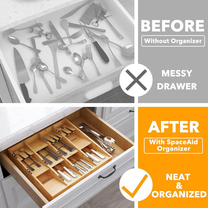 Bamboo Silverware Drawer Organizer with Labels, Kitchen Utensil Tray Holder Organizer for Flatware, Cutlery, Spoon and Knives Drawer Storage Organization (Natural, 6 Slots)