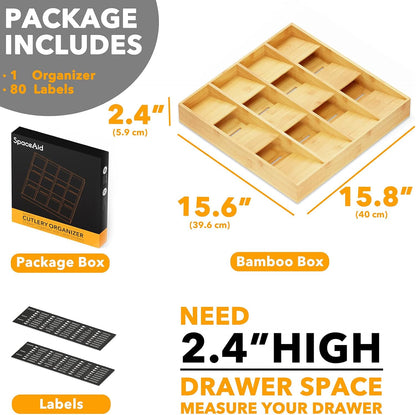 Bamboo Silverware Drawer Organizer with Labels, Kitchen Utensil Tray Holder Organizer for Flatware, Cutlery, Spoon and Knives Drawer Storage Organization (Natural, 6 Slots)