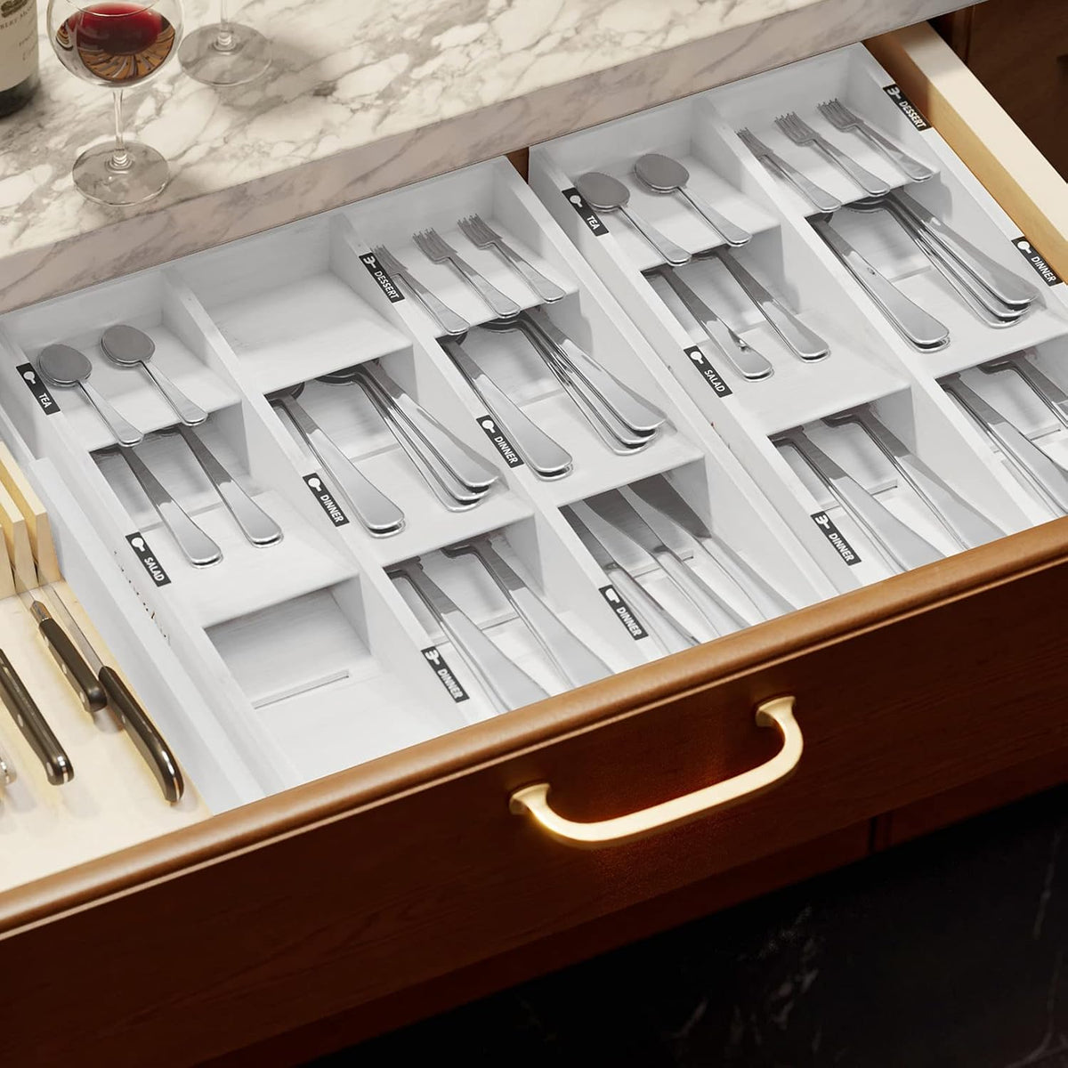 Bamboo Silverware Drawer Organizer with Labels, Kitchen Utensil Tray Holder Organizer for Flatware, Cutlery, Spoon and Knives Drawer Storage Organization (Natural, 6 Slots)