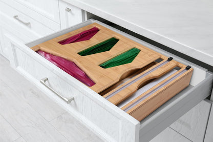 Bamboo Food Bag Organizer with Foil and Plastic Wrap Organizer, Kitchen Drawer Organizer, Wrap Dispenser with Cutter, for Gallon, Quart, Sandwich, Snack Bags and 12" Roll (Black)