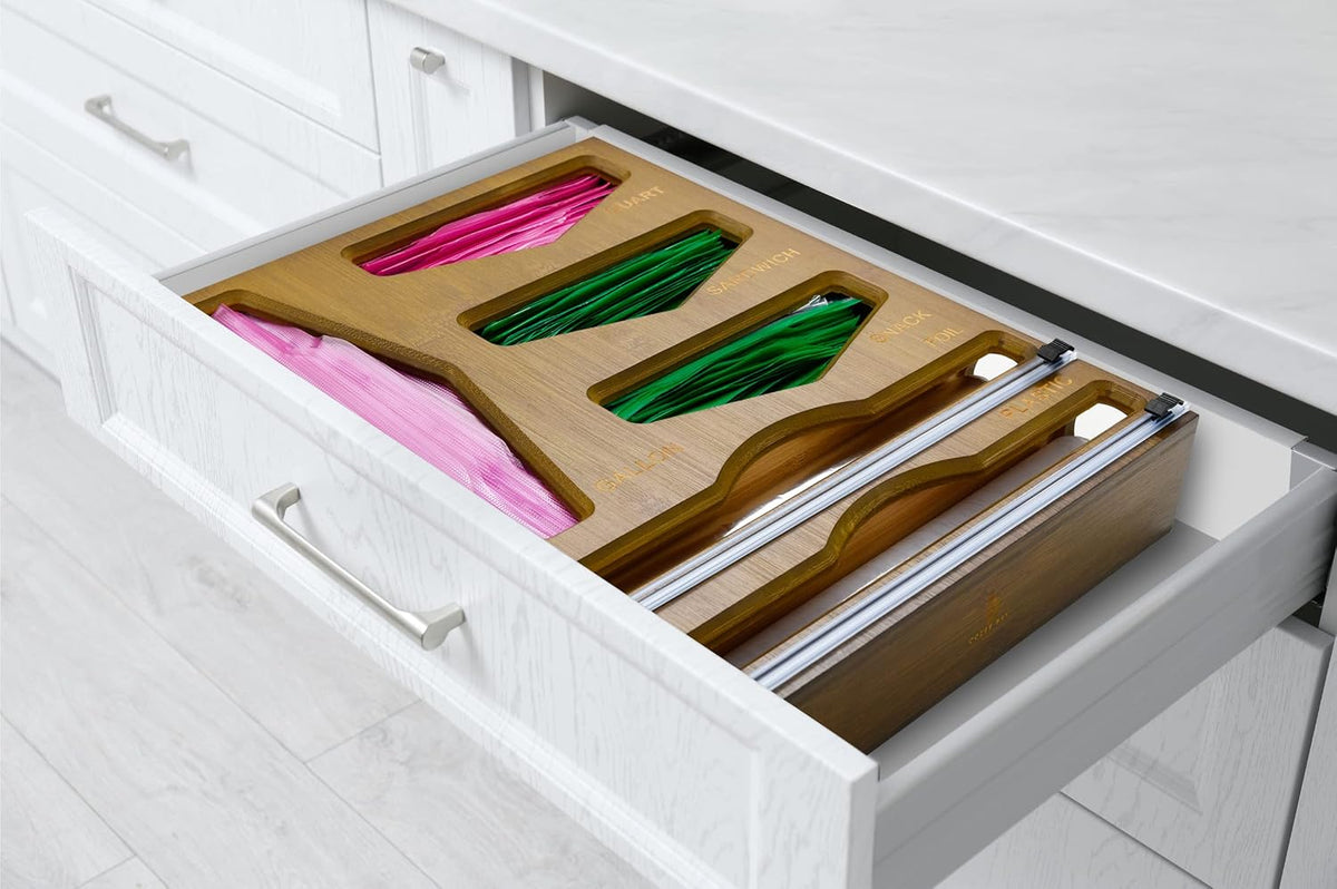 Bamboo Food Bag Organizer with Foil and Plastic Wrap Organizer, Kitchen Drawer Organizer, Wrap Dispenser with Cutter, for Gallon, Quart, Sandwich, Snack Bags and 12" Roll (Black)