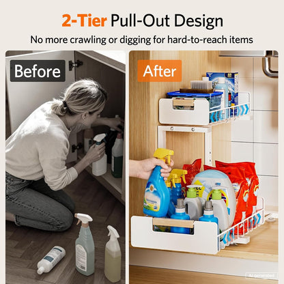 Under Sink Organizer 2 Pack, Pull Out Cabinet Organizer for Kitchen Sink, 2 Tier Metal Slide Out Shelf Caddy for Bathroom Storage, 5 Adjustable Heights for Pantry & Laundry Room, White