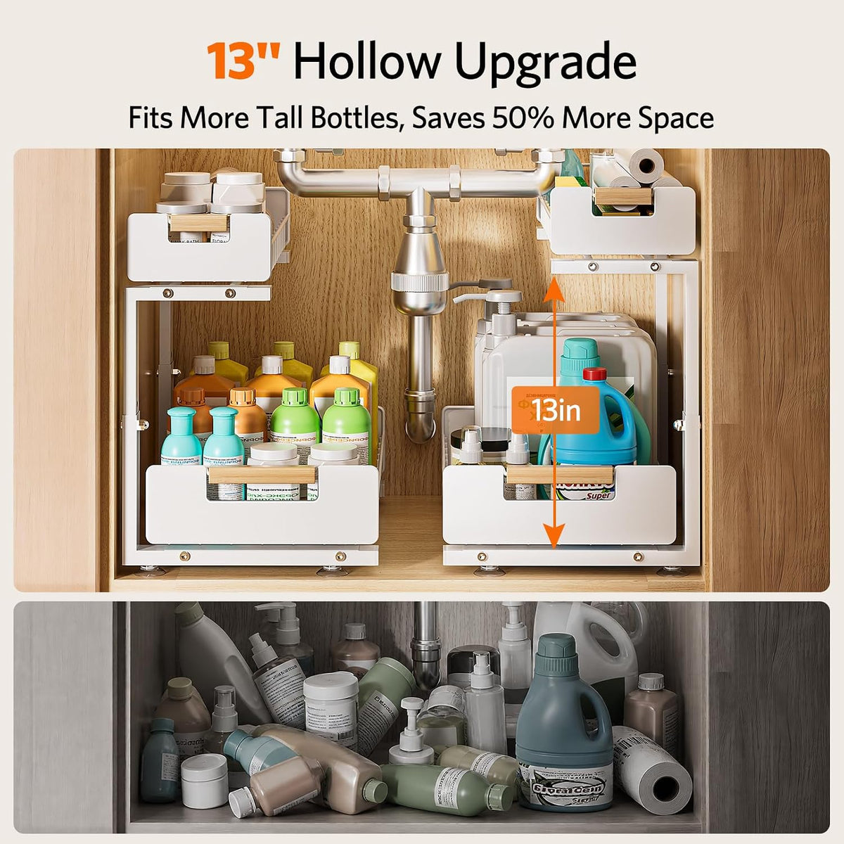 Under Sink Organizer 2 Pack, Pull Out Cabinet Organizer for Kitchen Sink, 2 Tier Metal Slide Out Shelf Caddy for Bathroom Storage, 5 Adjustable Heights for Pantry & Laundry Room, White